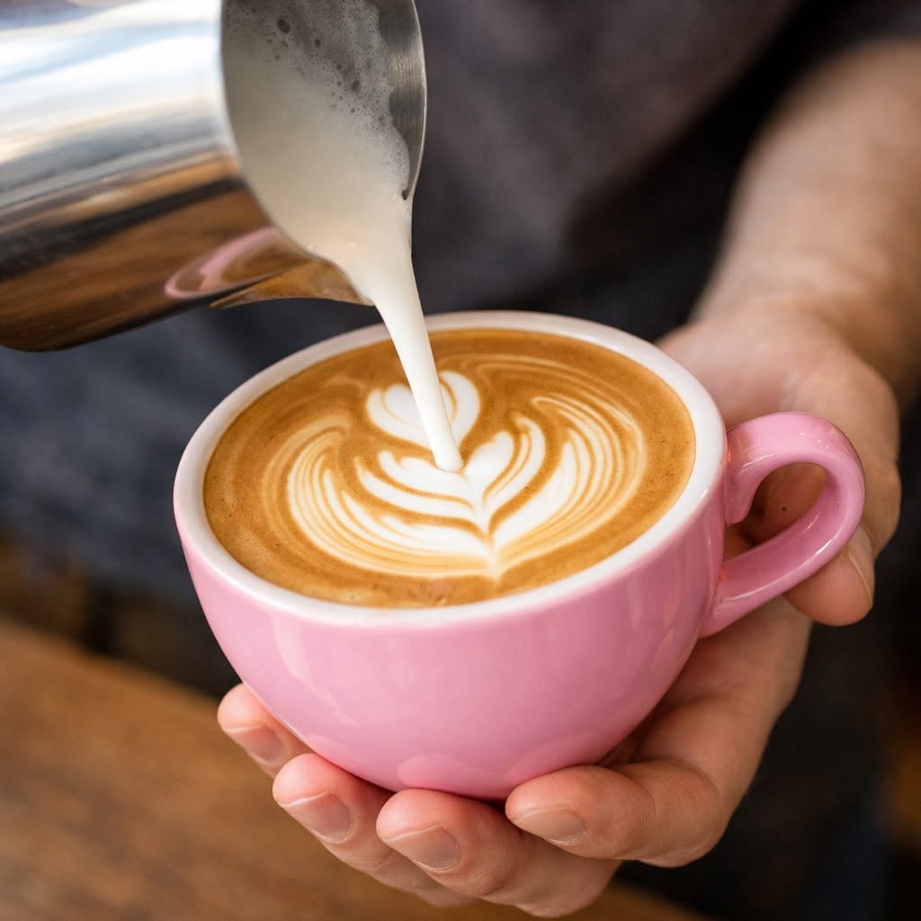 Latte art w różowej filiżance